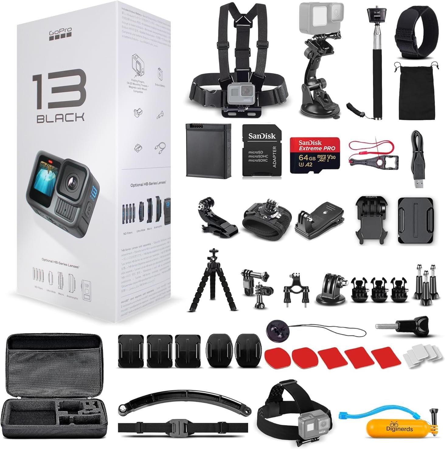 GoPro HERO13 (Hero 13) Black Waterproof Action Camera with 5.3K HDR Video, 27MP Photos, 1/1.9″ Image Sensor, Webcam, Live Streaming, Stabilization with 64GB Card & 50 Piece Accessory Kit Bundle