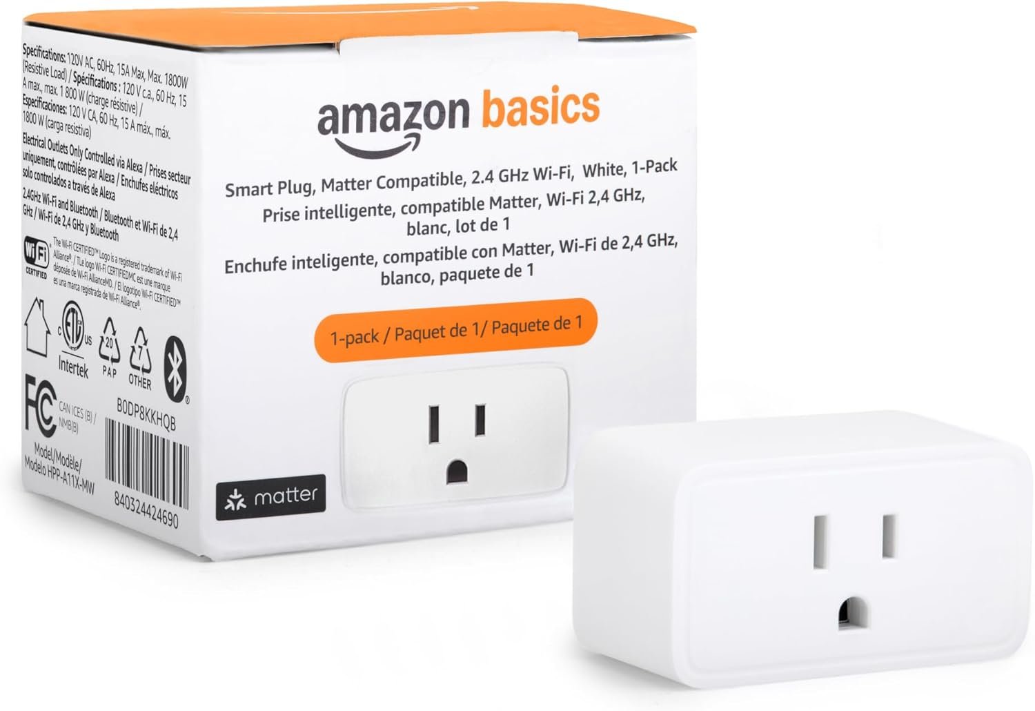 Amazon Basics Smart Plug, Matter Compatible, Compatible with Amazon Alexa, Google Home, Apple HomeKit, Matter Hub Required, 2.4 GHz Wi-Fi only, White, X-Pack