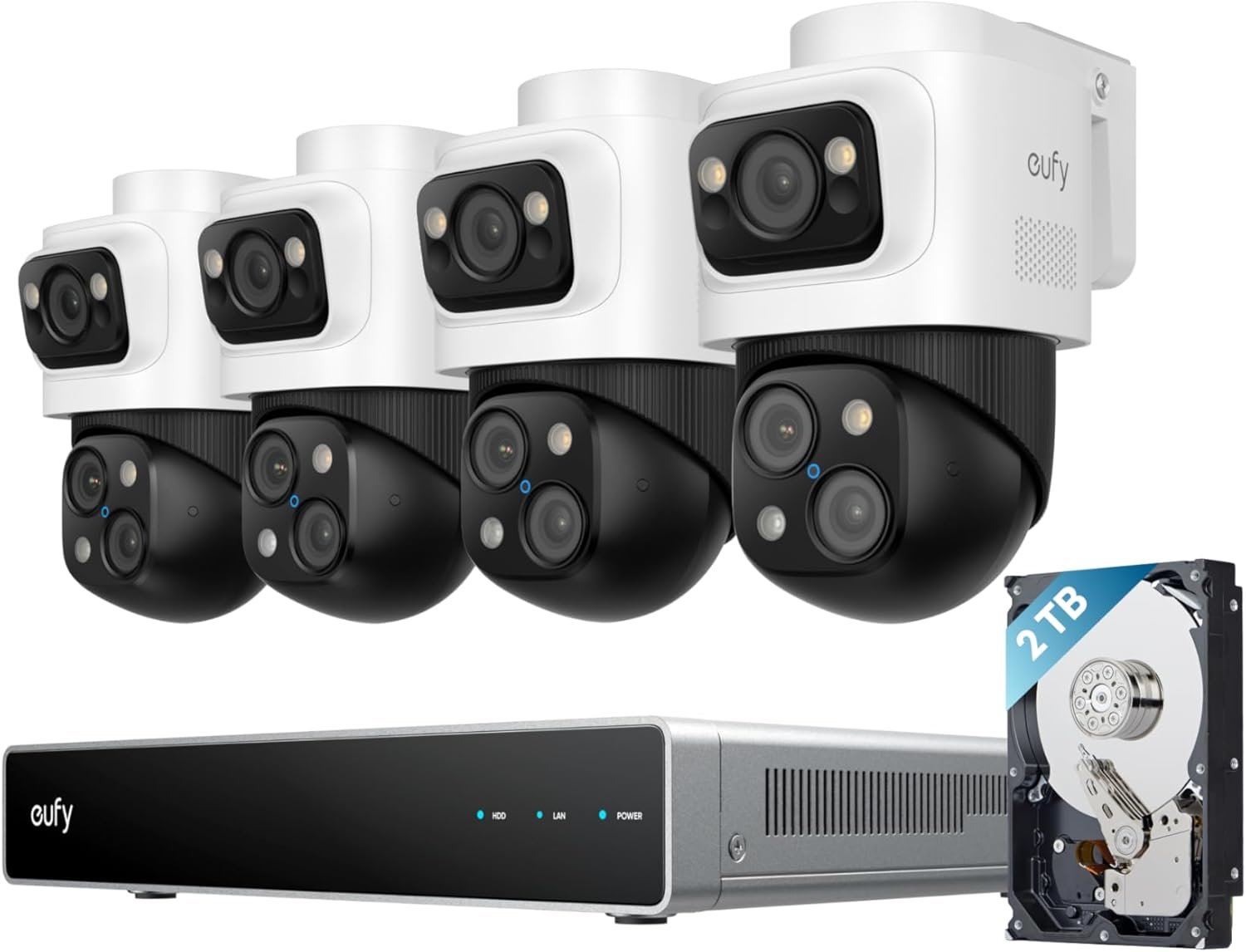 eufy 4K NVR Security Camera System S4 Max, Power Over Ethernet, Wired, 24/7 Recording, Triple Lens Bullet-PTZ Cam, 360° PTZ, Up to 16CH, Cross-Cam Tracking, 8× Auto Zoom, Smart Video Search, 2TB HDD