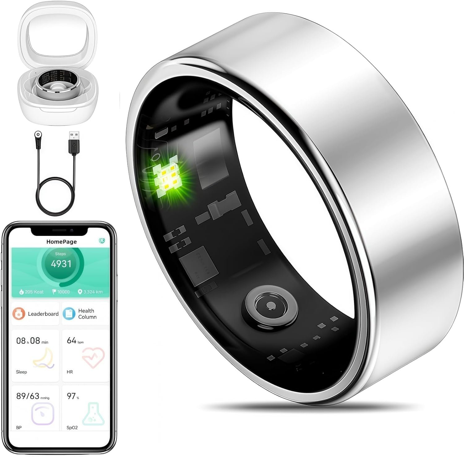 MZJ Smart Ring Fitness Tracker for iOS & Android – Sleep Monitor Heart Rate Blood Oxygen & Pressure 8 Sports Modes IP68 Waterproof NO Subscription Long Battery Life (Titanium Silver, 6#)