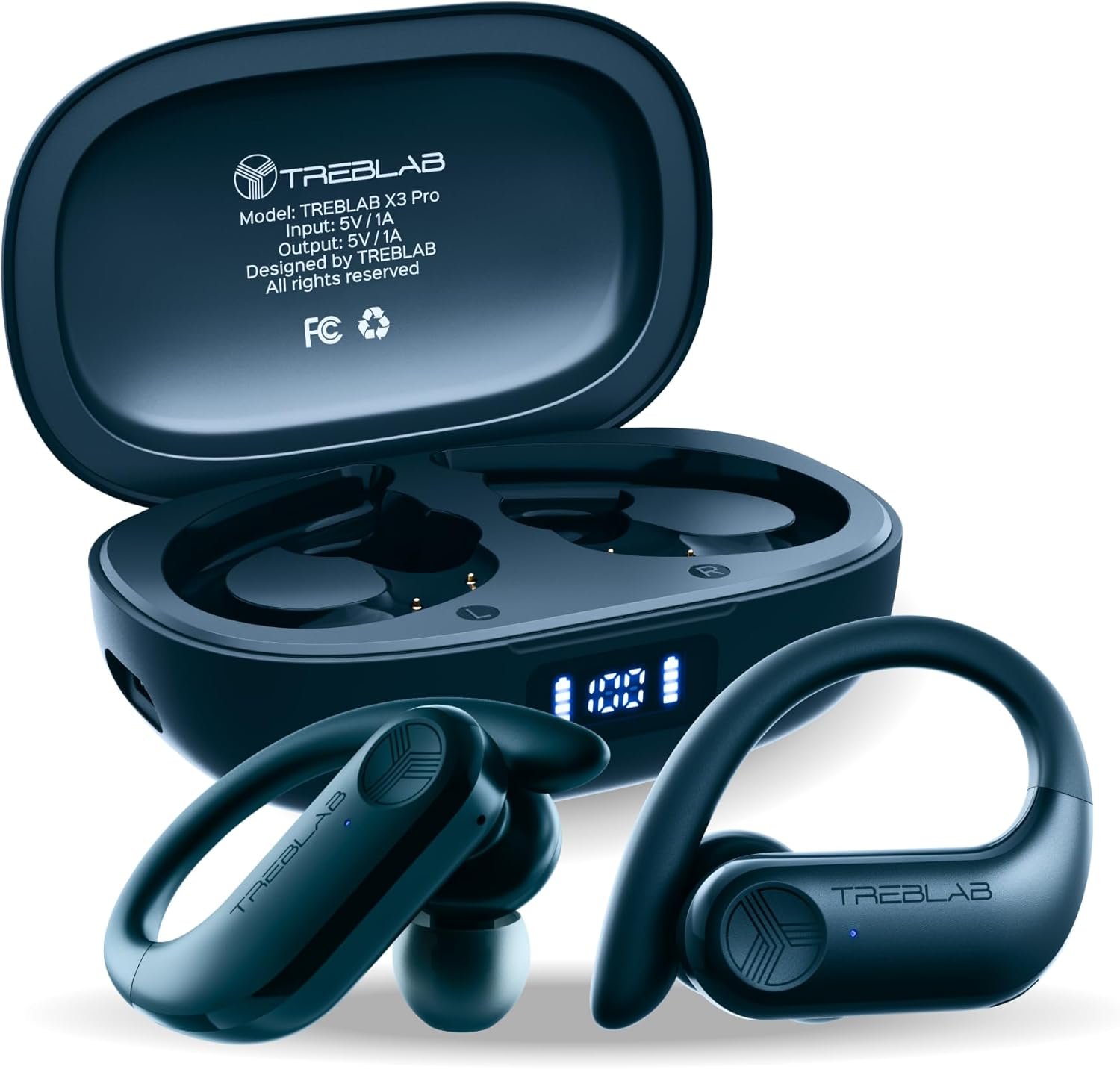 TREBLAB X3 Pro – Workout True Wireless Earbuds, Comfortable Earhooks, Bluetooth 5.3, Punchy Bass, Noise Isolation, 145H Playtime, IPX5 Waterproof, Sweatproof, 2 Mics for Calls, Sport Bluetooth Earbuds