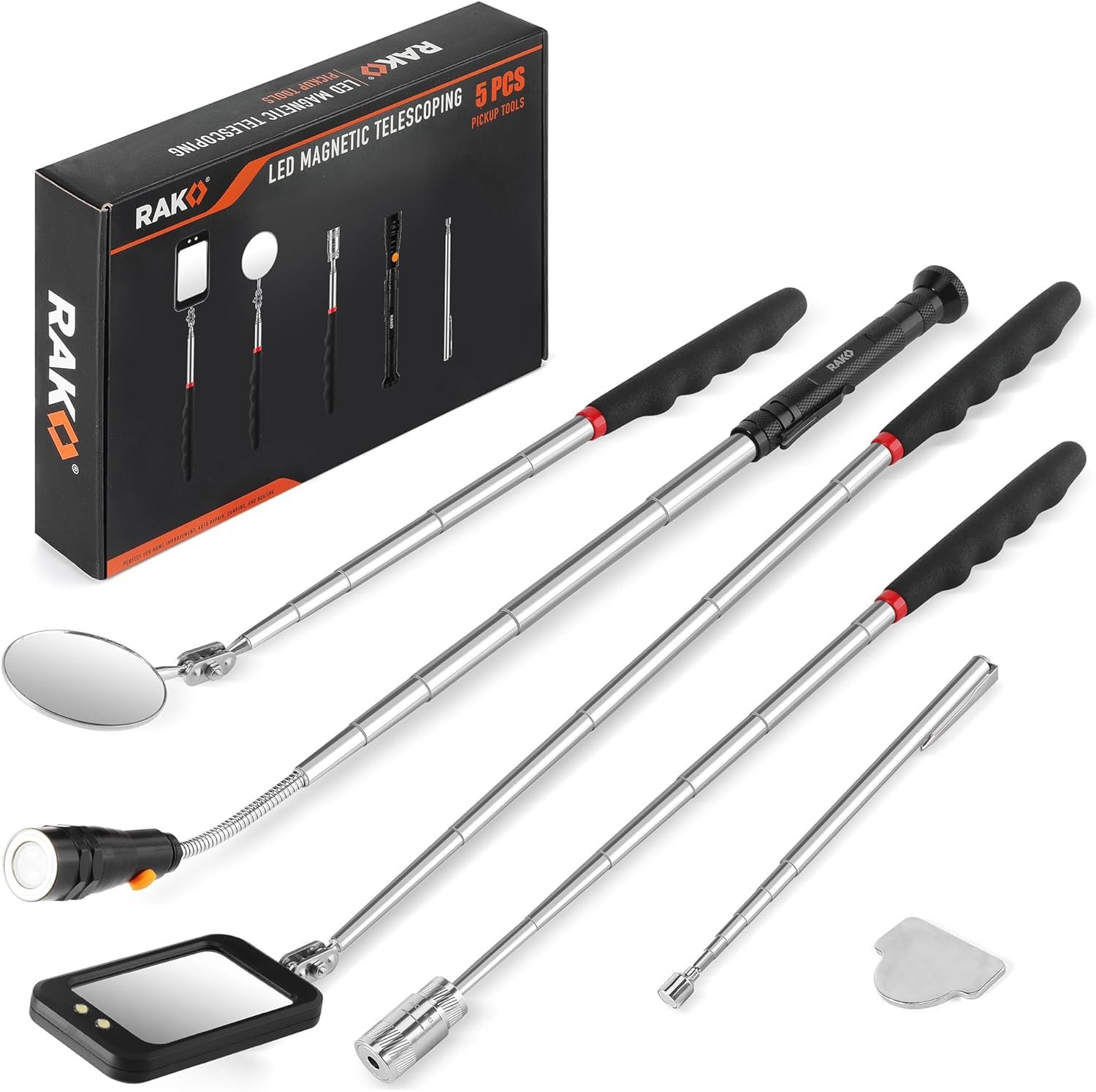 RAK Magnetic Pickup Tool Set Gifts for Men – 5Pcs with 360 Swivel Inspection Mirrors, Telescoping Magnet Pickup Tool, Flexible LED Flashlight, Mechanic Tools & Cool Gadgets for Men, Dad, Husband