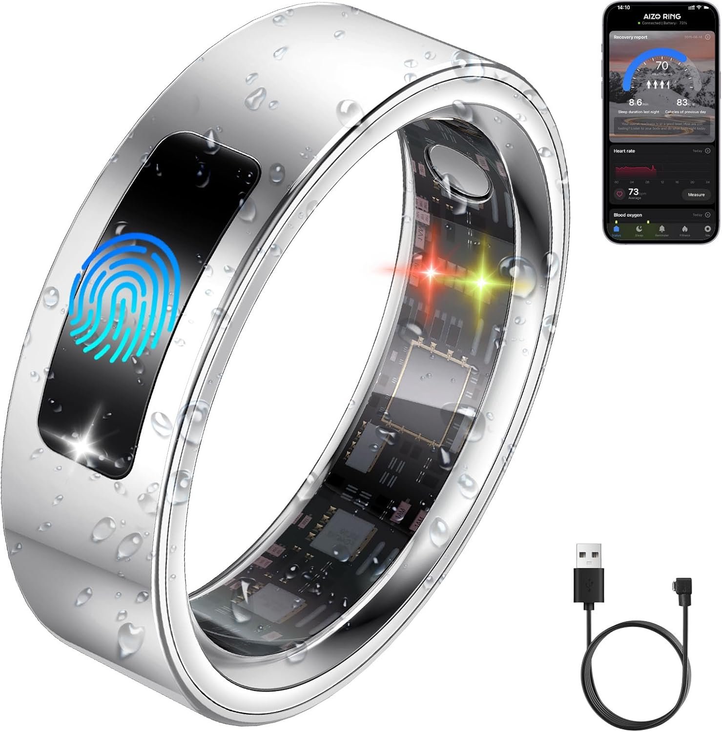 Smart Health Ring for Women Men, Vibration Alert, Touch Control, Fitness Tracker Ring with Sleep/Women’s Health/Heart Rate/Steps, IP68 Waterproof for iPhone and Android, Silver 8, No Subscription