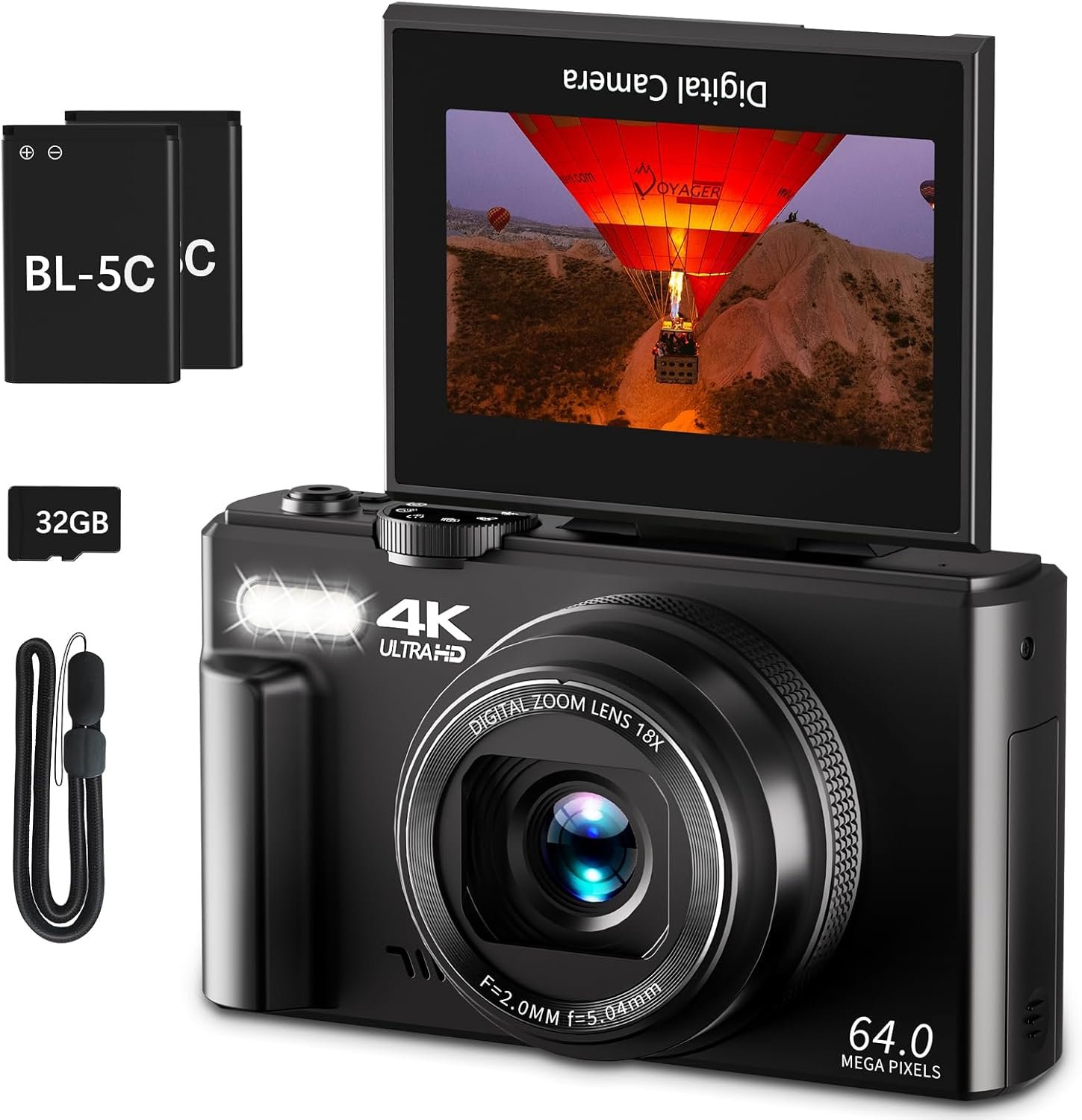 4K Digital Camera for Photography, 64MP Vlogging Camera for YouTube with 3″ 180° Flip Screen, 18X Digital Zoom Point and Shoot Camara with 32GB Micro SD Card for Beginner (Black)
