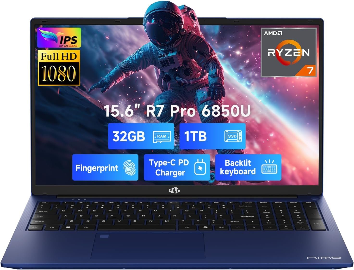 NIMO 15.6″ FHD Light-Gaming-Laptop, 8 Cores AMD Ryzen 7 Pro 6850U 32GB LPDDR5 RAM 1TB SSD (Beat i7-1360P Up to 4.7GHz) GPU AMD Radeon 680M IPS Computer with 100W Type-C Backlit Keyboard Fingerprint