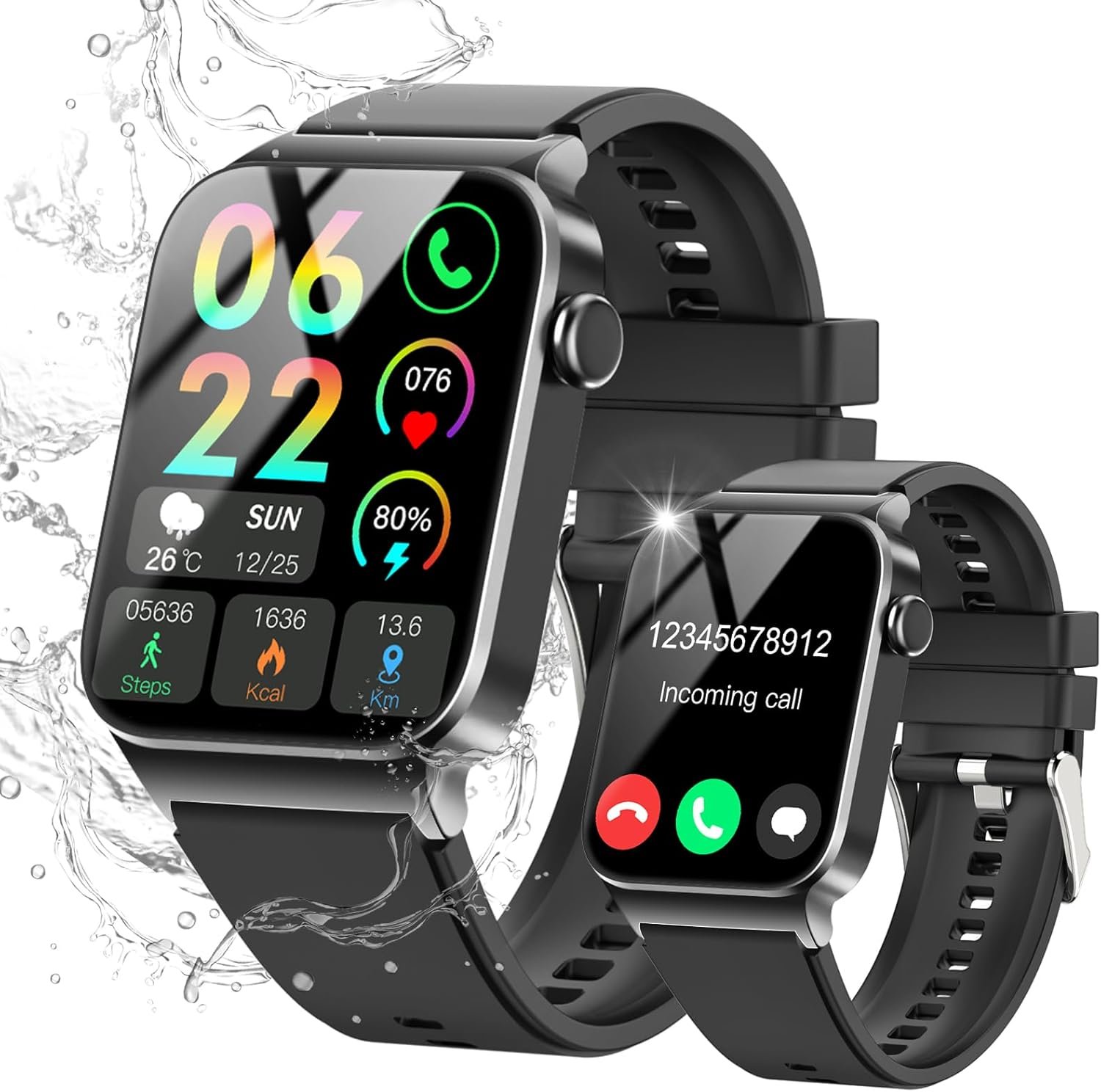 Smart Watch for Men Women Bluetooth Call, 1.85″ HD Screen Smartwatch with Heart Rate/Sleep Monitor, 110+ Sport Modes Activity Trackers IP68 Waterproof, Fitness Watch for Android iOS, Black