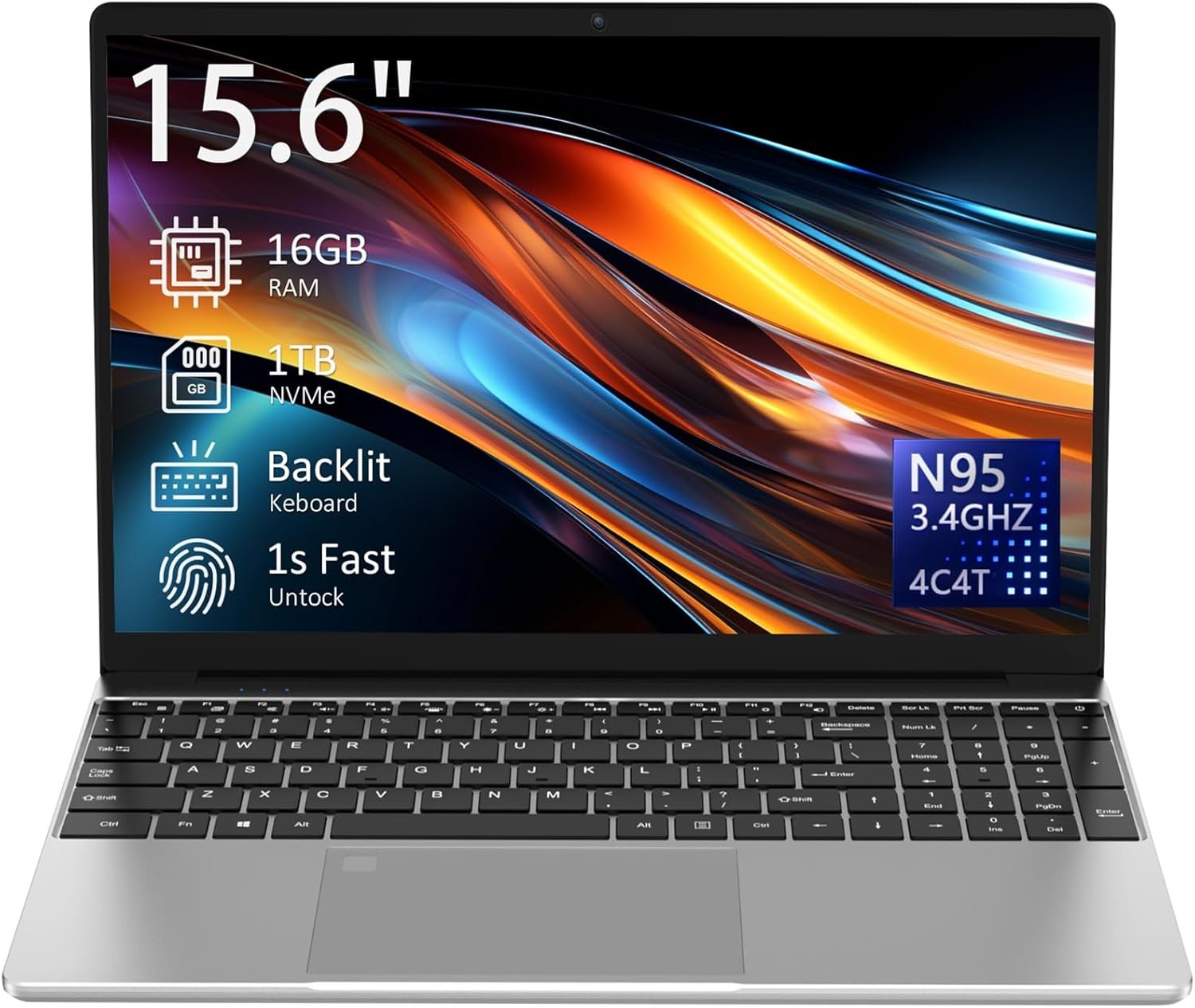 15.6″ Laptop Computer Notebook, 4-Core N95 Processor, FHD Display, Backlit Keyboard, Fingerprint, Webcam, Bluetooth, WiFi, Win 11 Pro, 10TB Upgradeable, T152A, 16GB RAM, 1TB NVMe SSD, Silver