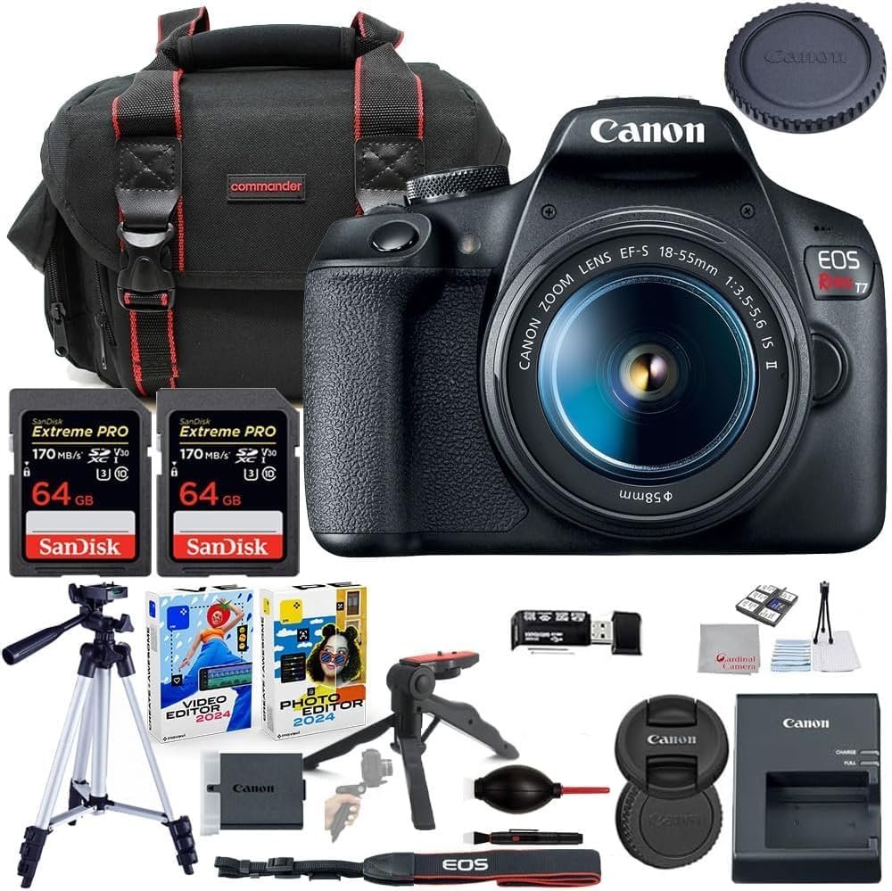 Canon EOS Rebel T7 DSLR Camera with 18-55mm Lens Bundle with Commander Gear Bag + Microphone + 2X 64GB Extreme Memory Cards + Accessory Kit
