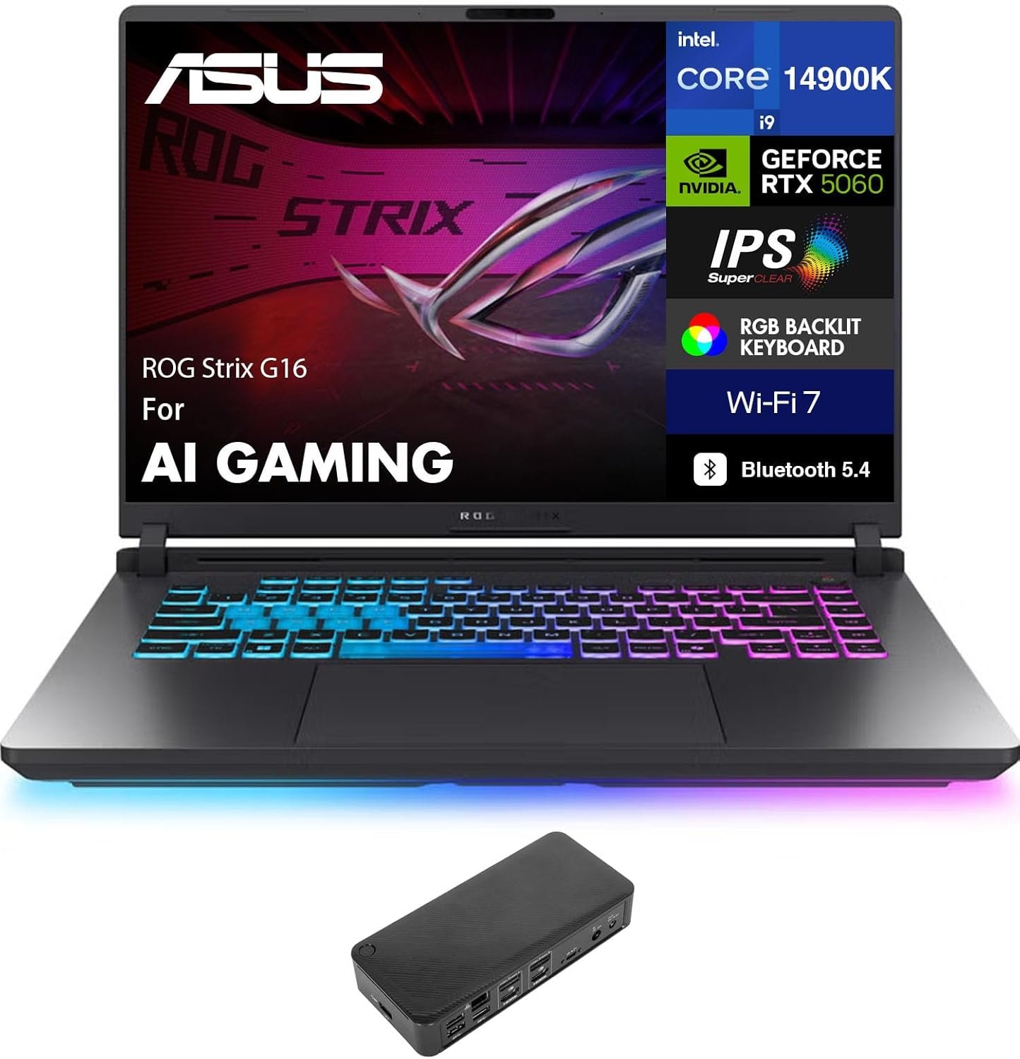 ASUS ROG Strix G16 AI Gaming Laptop 16.0″ WUXGA (Intel i9-14900HX, GeForce RTX 5060 8GB, 64GB DDR5, 2TB PCIe SSD, Win 11 Pro) w/USB-C Dock