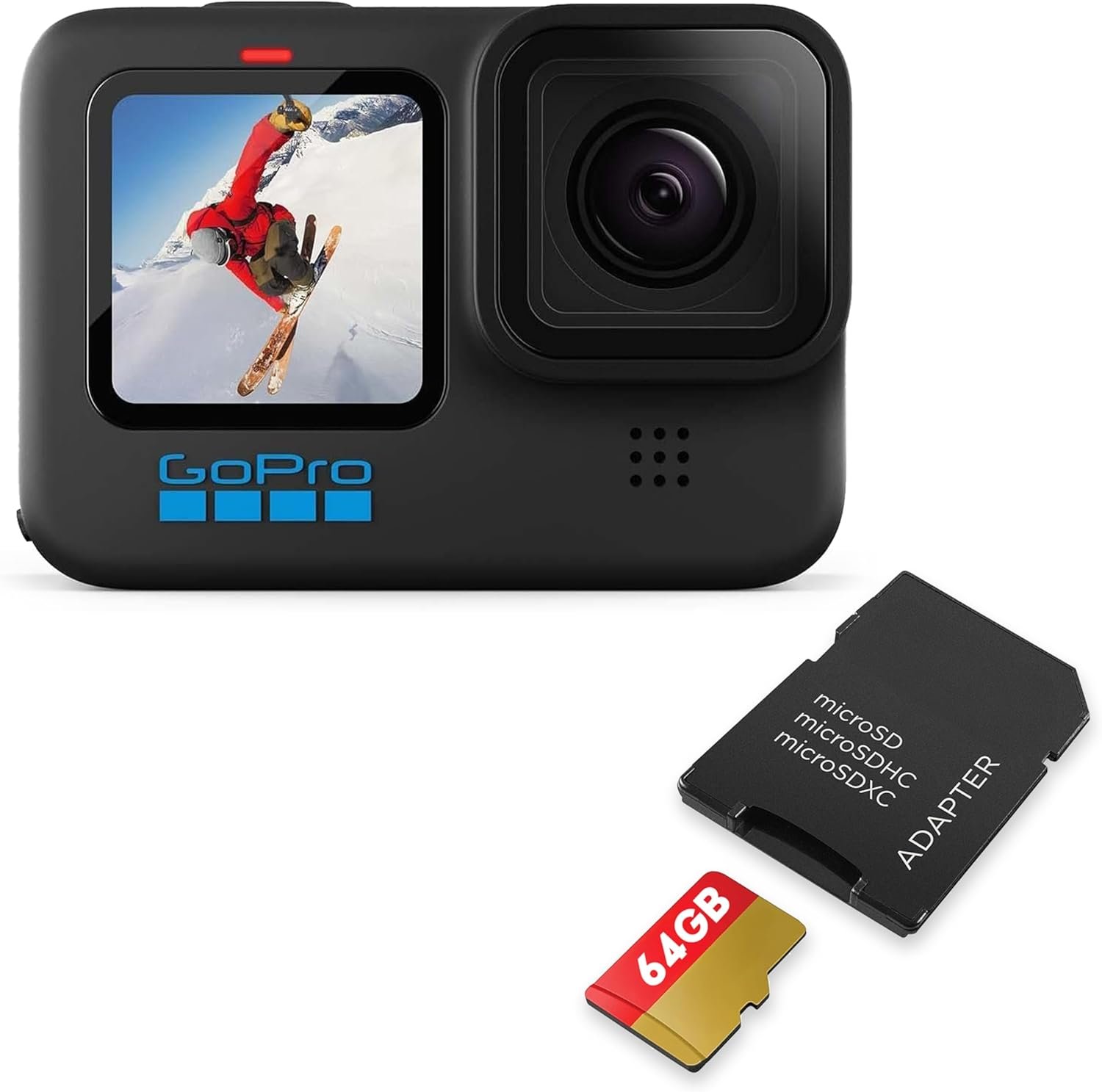 GoPro HERO10 Black + SD Card Bundle – Ecomm Packaging – Waterproof Action Cam, Front/Rear LCD Touchscreens, 5.3K60 UHD Video, 23MP, 1080p Live Streaming, and 64GB Extreme microSDHC UHS-I w/Adapter