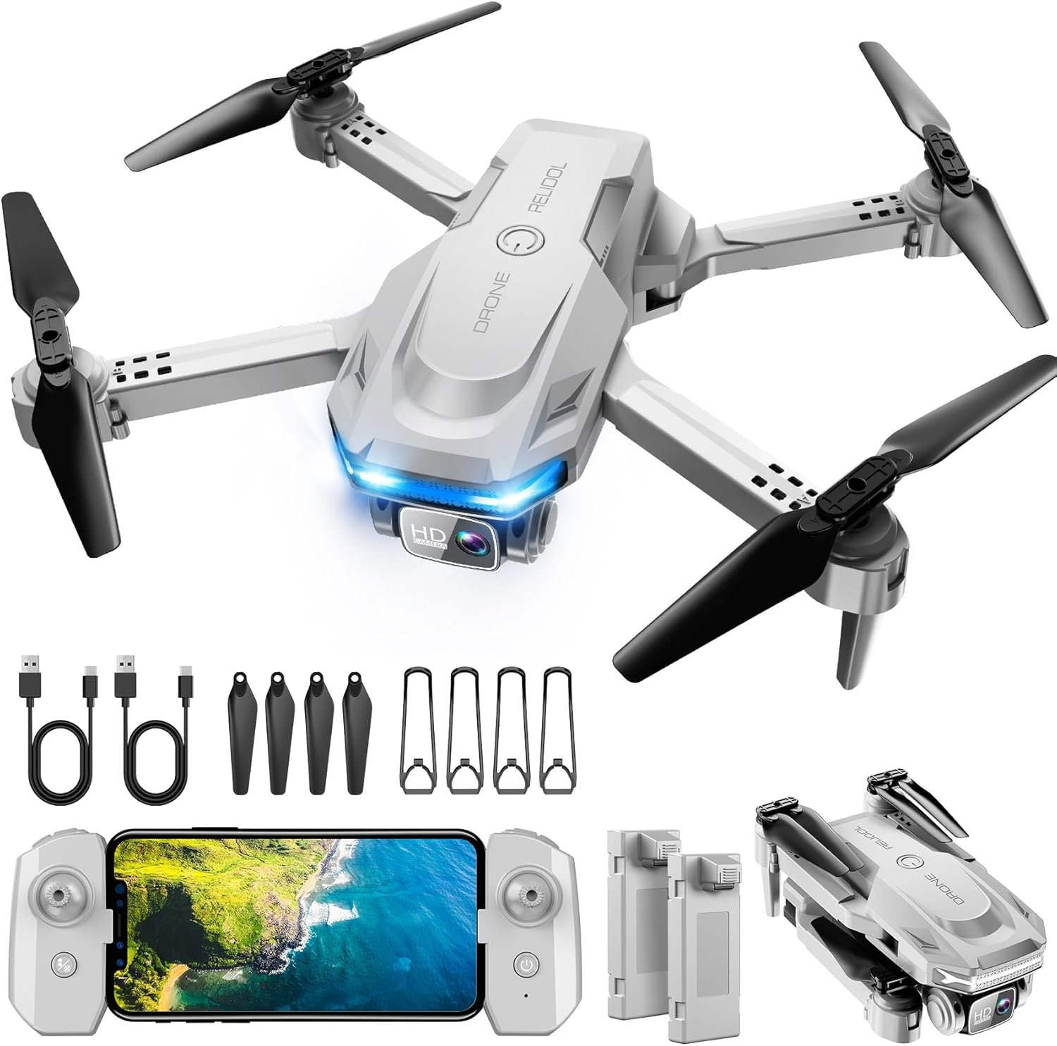 Drone with 1080P Camera – Foldable Remote Control Quadcopter with Gesture Control, 3D Flip, One Key Start, Emergency Stop, 2 Batteries, Easier to use, Toy for Adults Beginners, Grey