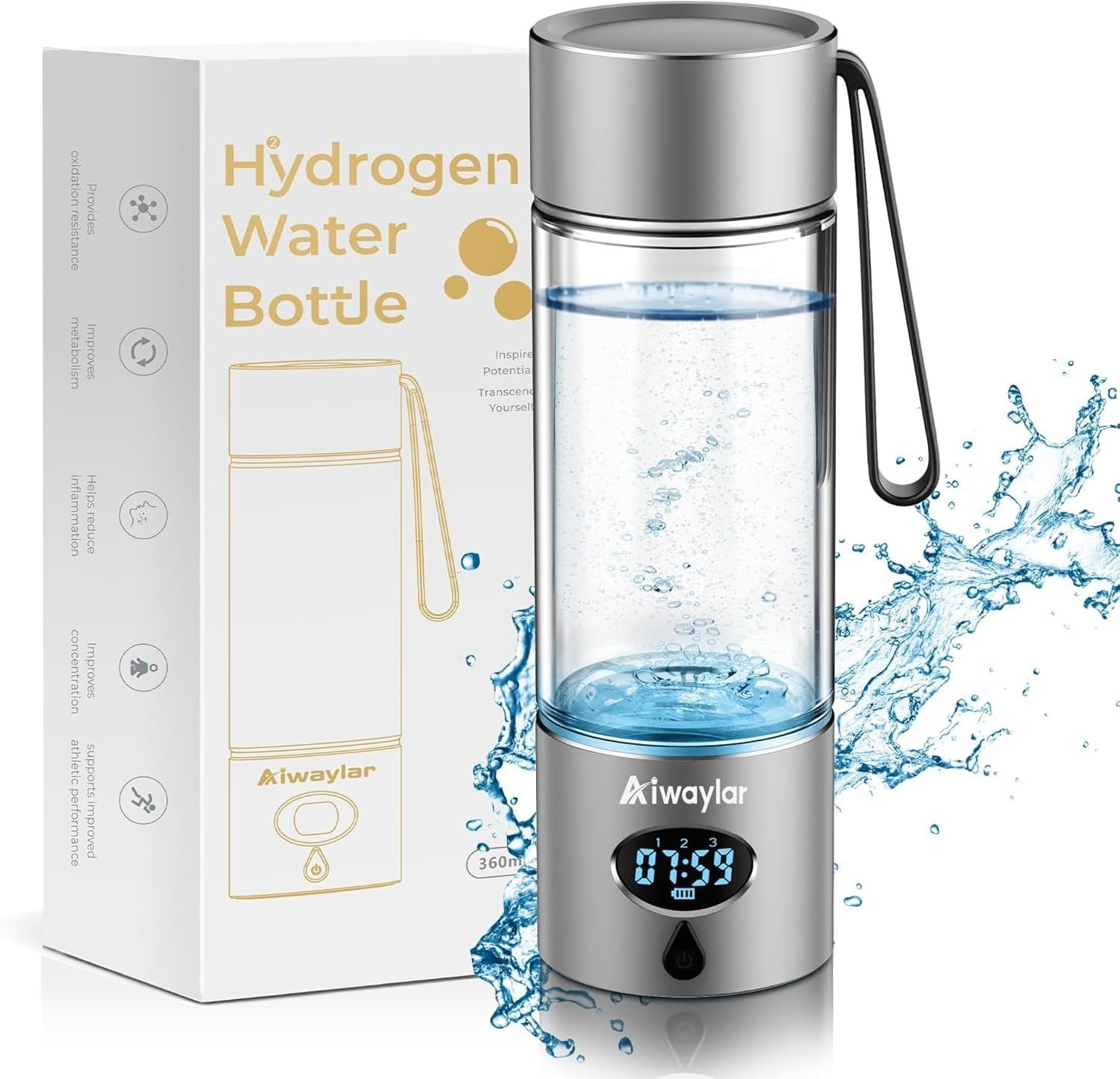 Aiwaylar Hydrogen Water Bottle – Portable, Rechargeable, LED Timer,3 Work Mode, Aluminum and Glass,360ML,Hydrogen Water Ionizer Machine with PEM/SPE Technology, Suitable for Office,Home,Gym Outdoor