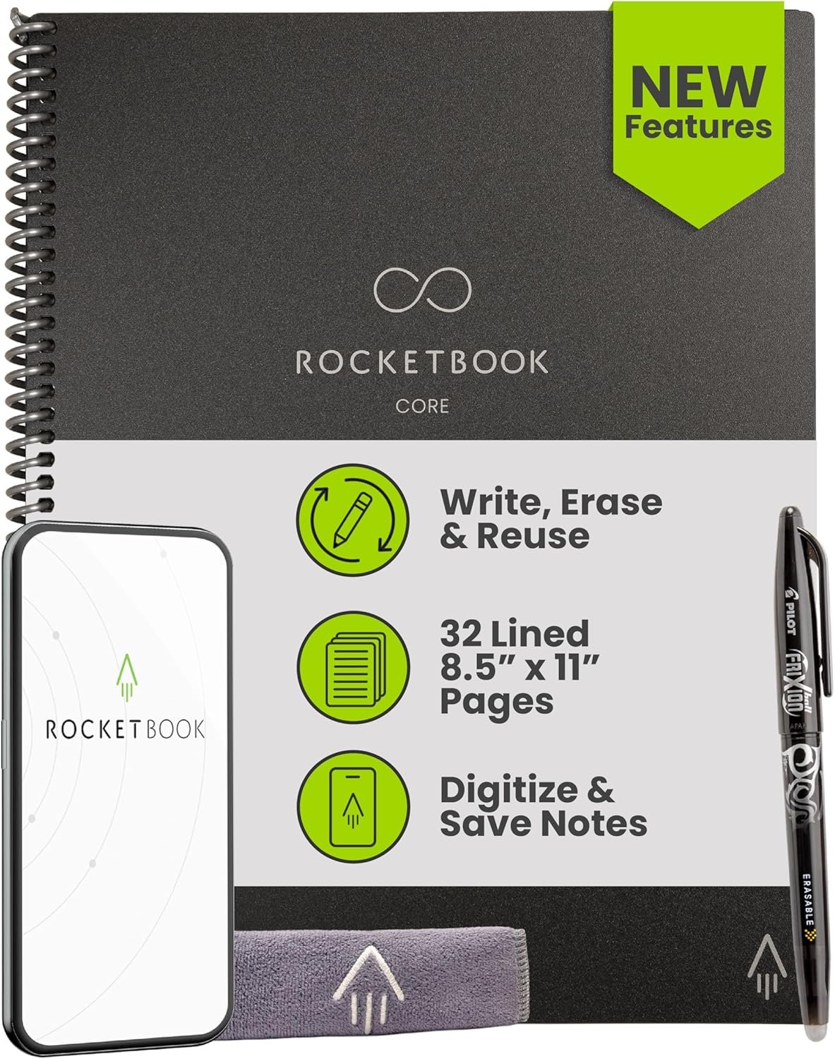 Rocketbook New Core Reusable Spiral Notebook, Letter Size 8.5×11, Black – Lined Pages, App-Connected, Erasable, Durable Cover, Ideal for School, Work, and Creative Projects